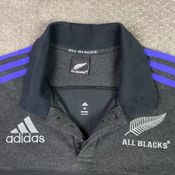 Adidas New Zealand All Blacks Rugby Polo Shirt Men's Medium Black Gray Blue - Picture 3 of 11
